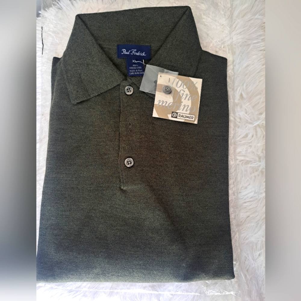 Paul Fredrick Merino Wool Italy Olive Green Three Button Polo Men's Shirt XL NEW